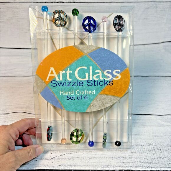 LSArts Peace Symbol Swizzle Sticks Set 6 Handcrafted Art Glass Hippie 70s Party - Picture 1 of 4